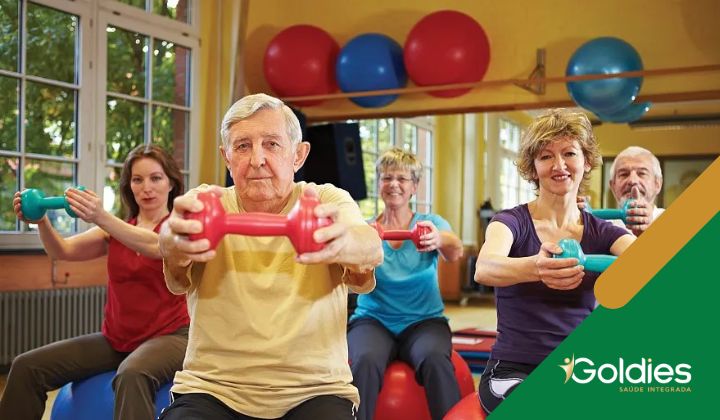 Um grupo de idosos se exercitando com halteres em uma academia. Eles estão sentados em bolas de exercícios, ilustrando o post "Doença Articular Degenerativa: Artrose (osteoartrite)"