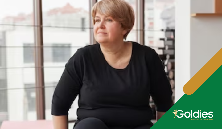 Uma pessoa com cabelo curto está sentada e olhando pensativamente para fora de uma janela. Ela está usando uma blusa preta. O fundo mostra uma paisagem urbana desfocada. O canto inferior direito tem um logotipo com a palavra Goldies e texto em português.