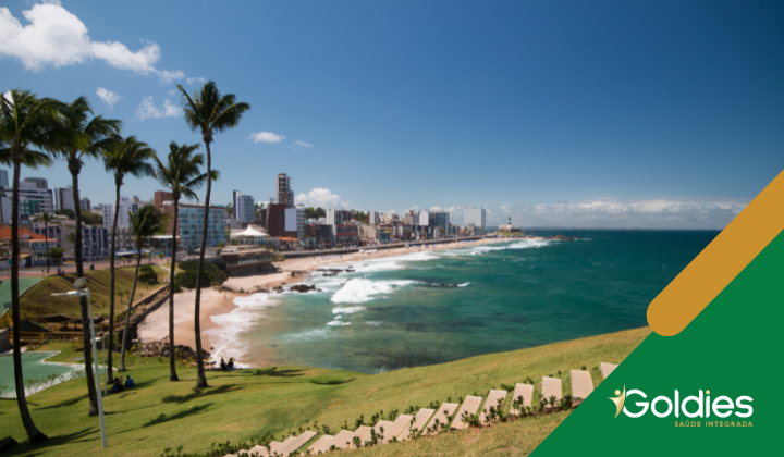 Horizonte da cidade à beira-mar com palmeiras, um farol e prédios ao longo da água. O primeiro plano apresenta uma colina gramada. A marca no canto diz Goldies Saúde Integrada.