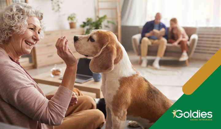 Uma senhora idosa sorri para um beagle em uma sala de estar aconchegante. Ao fundo, um homem e uma criança estão sentados em um sofá lendo. O logotipo do Goldies está no canto.