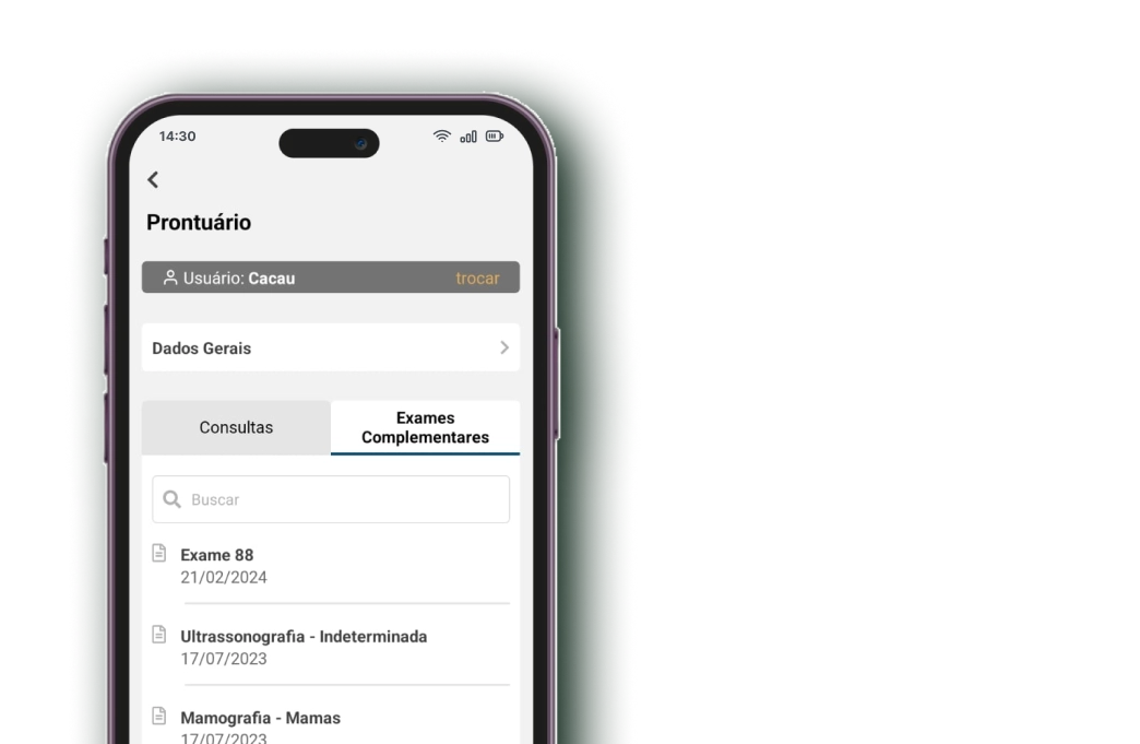 Tela do App Goldies em "Exames Complementares", apresentando lista de registros de registros.