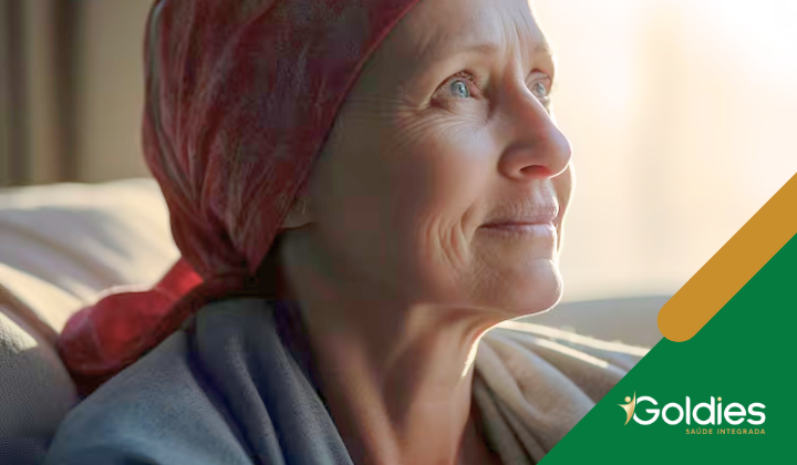 Perfil de uma senhora, com um leço na cabeça, ilustrando o artigo "O Câncer em Idosos: Prevenção e Cuidado na Terceira Idade".